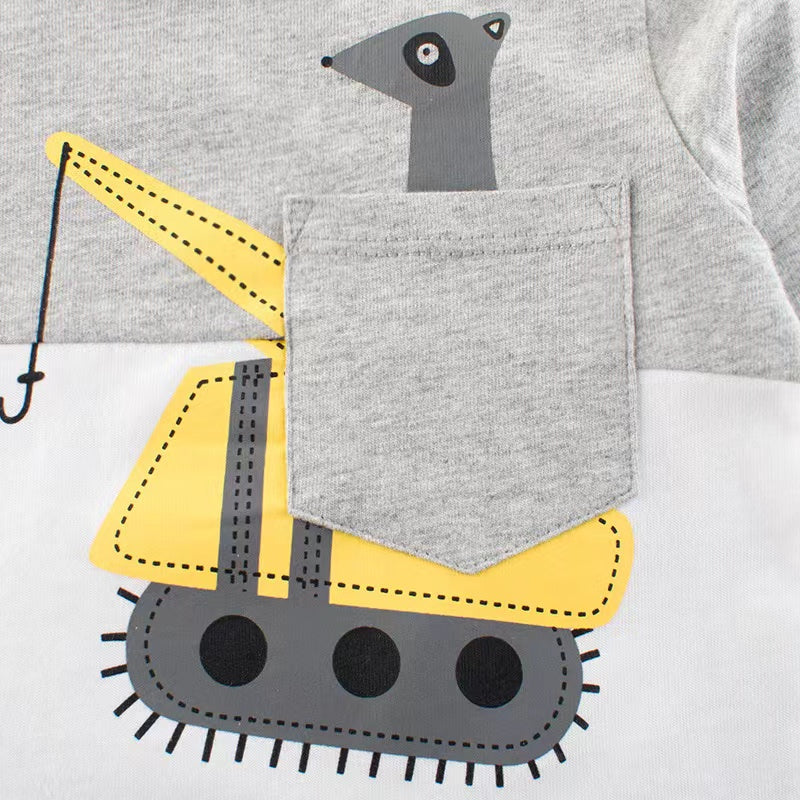 Baby Boy Cartoon Excavator & Animal Pattern Contrast Design Shirt