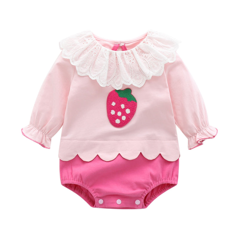 Baby Girl 1pcs Strawberry Pattern Mesh Ruffle Neck Patchwork Onesies Bodysuit