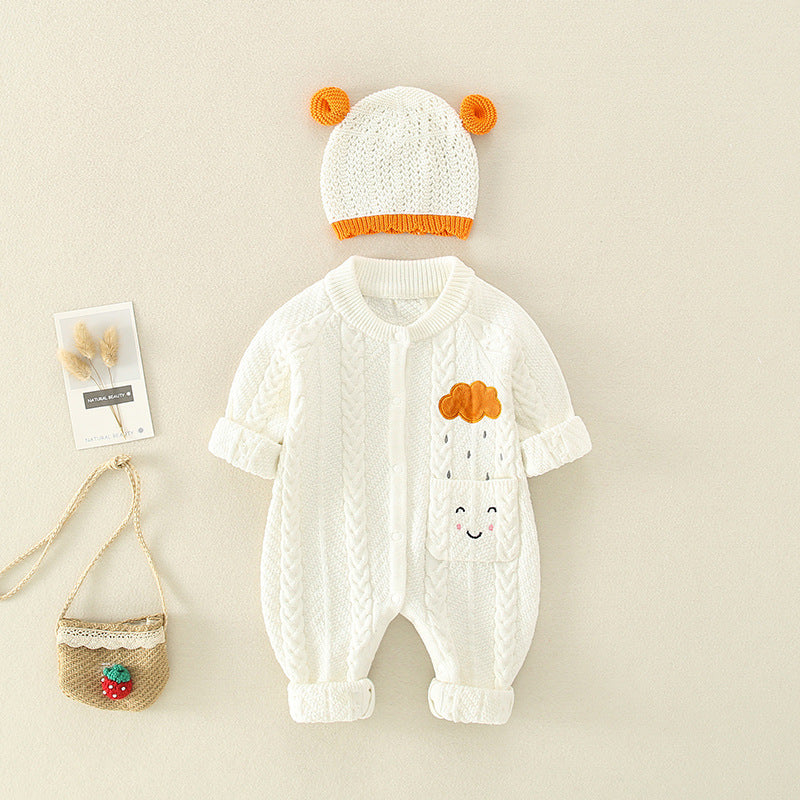 Baby Solid Color Cartoon Embroidered Design Crochet Knit Romper