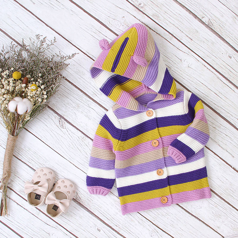 Baby Colorful Striped Pattern Button Front Knitted Cardigan With Hat