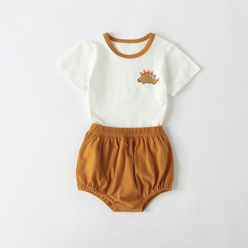 Baby Cartoon Dinosaur Pattern Contrast Neck Tee Combo Solid Shorts Sets