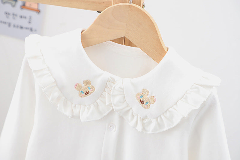 Baby Girl Solid Color Rabbit Print Single Breasted Design Doll-Neck Long-Slleved Shirt