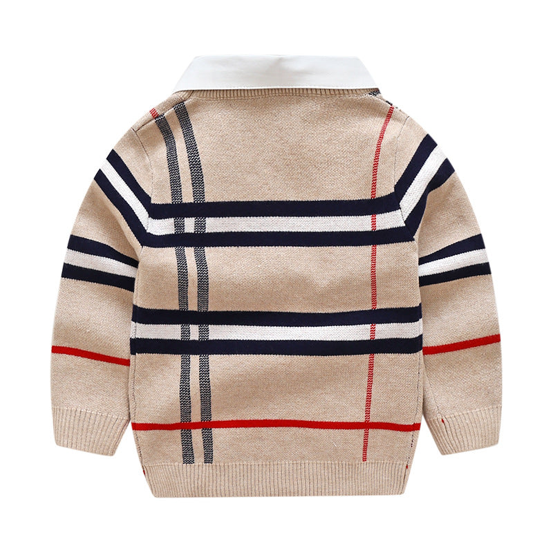 Baby Boy Striped Pattern False 1 Pieces Sweater With Detachable Shirt Neck