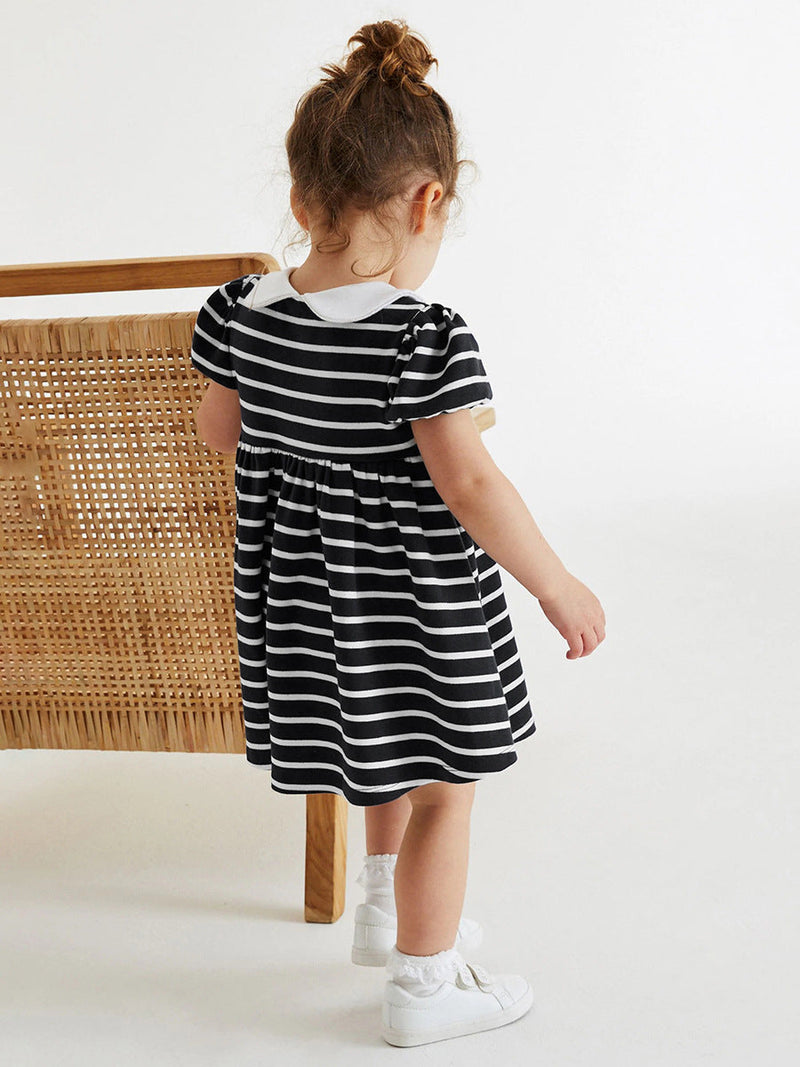 Baby Girls Peter Pan Collar Short Sleeves Striped Rainbow Logo Dress