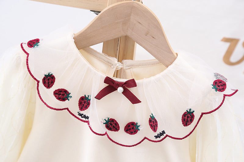 Baby Girl Strawberries Embroidered Graphic Doll Neck Puff Sleeves Bow Patched Shirt