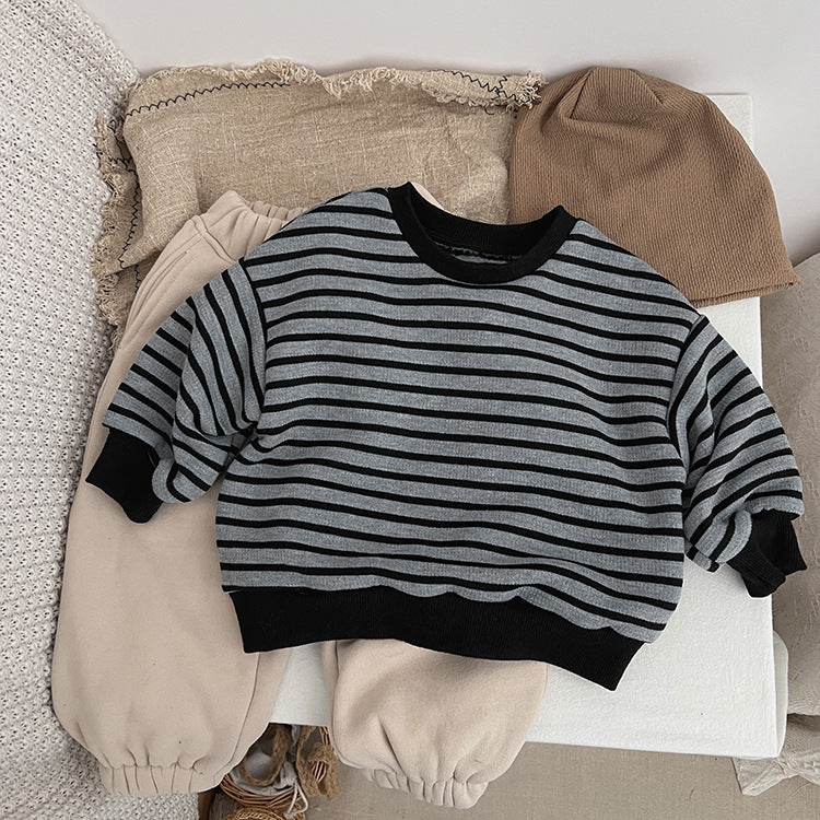 Baby Striped Pattern Long Sleeve Loose Crewneck Pullover Hoodies