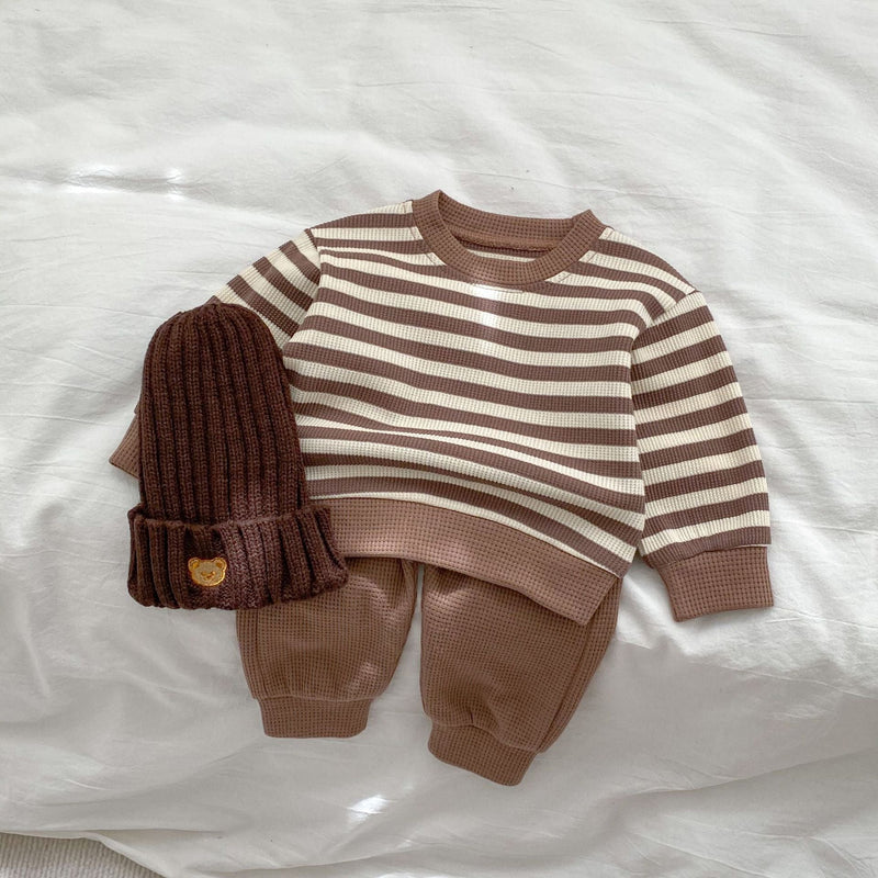 Baby Striped Pattern Waffle Fabric Hoodies Combo Pants Sets