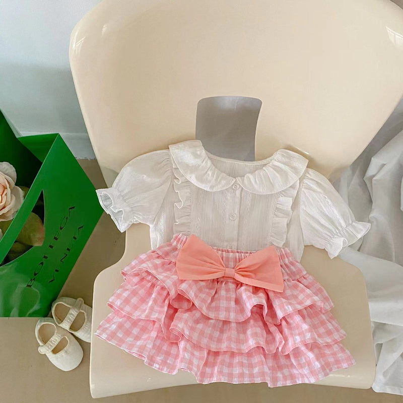 Baby Girl Solid Blouses Plaid Pattern Princess Skirt Sets