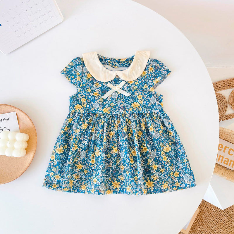 Baby Girls Floral Print Backless Design Doll-Neck Dress With Bow Decoration