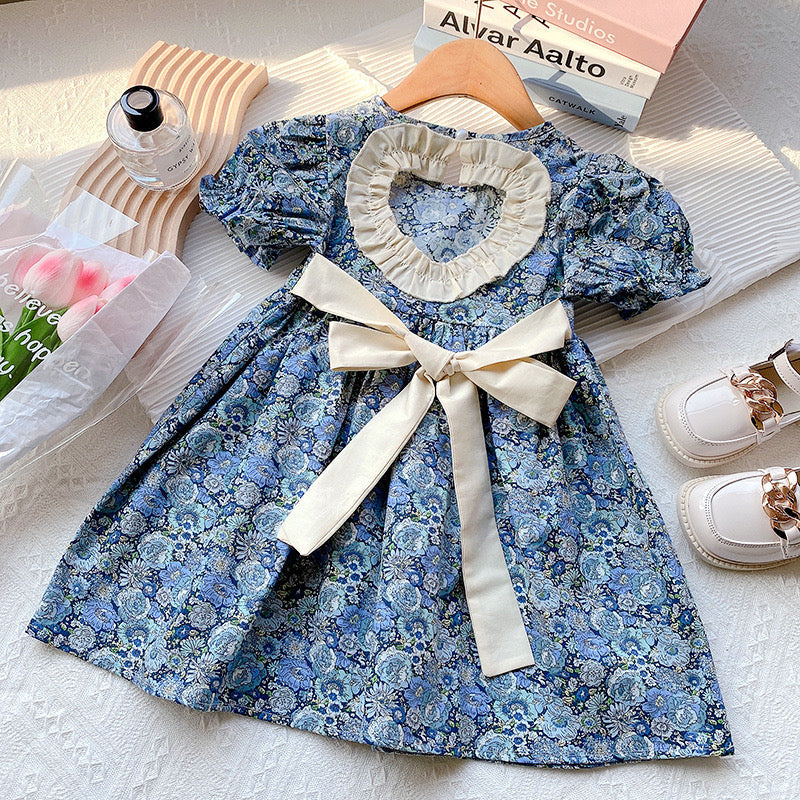 Baby Girl Floral Embroidered Pattern Lace Patchwork Design Backless Puff-Sleeved Dress