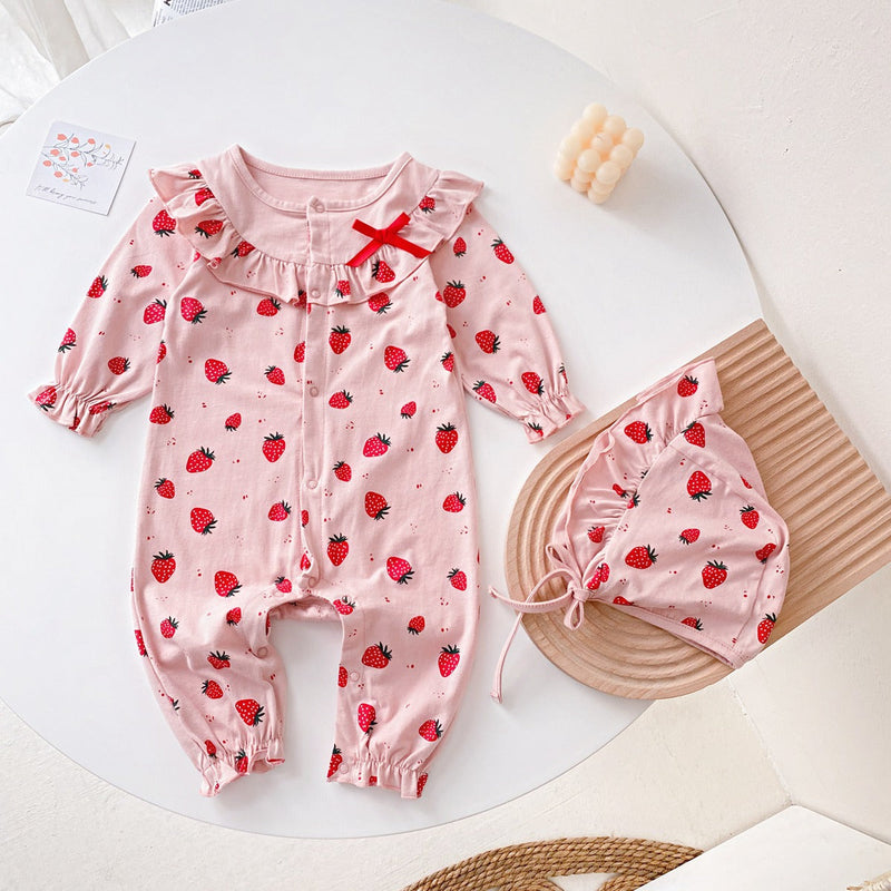 Baby Girl Allover Strawberries Pattern Ruffle Design Button Front Romper