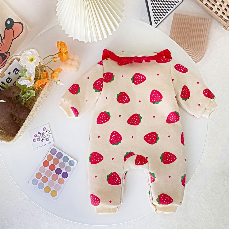 Baby Girl Strawberries Print Zipper Front Design Lace Patchwork Warm Quilted Romper