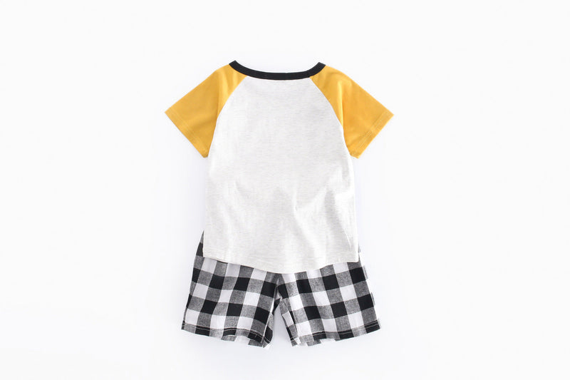 Baby Boys Bear Print Pattern Clashing Short-Sleeved Top Combo Plaid Shorts Sets