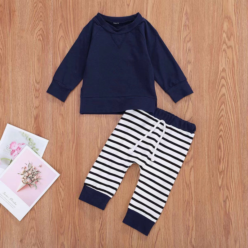 Baby Boy 1pcs Solid Color Hoodie Combo Striped Pattern Trousers Sets