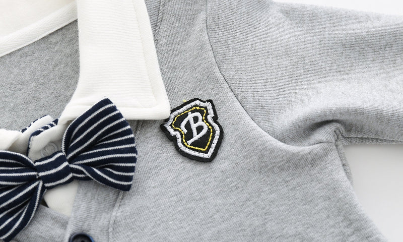 Baby Boy Badge Patched Pattern Striped Contrast Design Snap Button Front Bow Tie Rompers