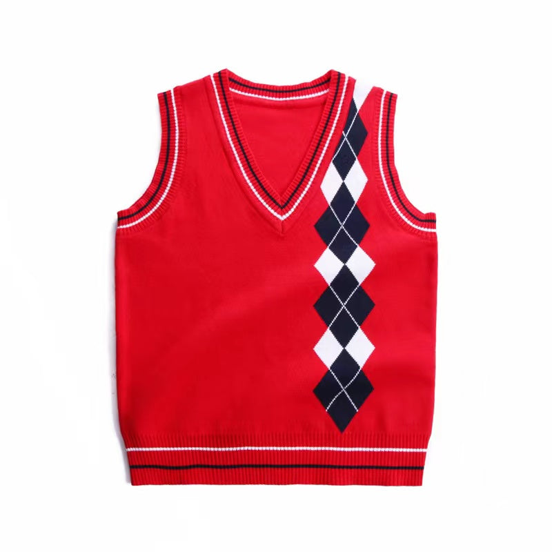 Boy And Girl Rhombus Pattern V-Neck College Style Sleeveless Vest Sweater