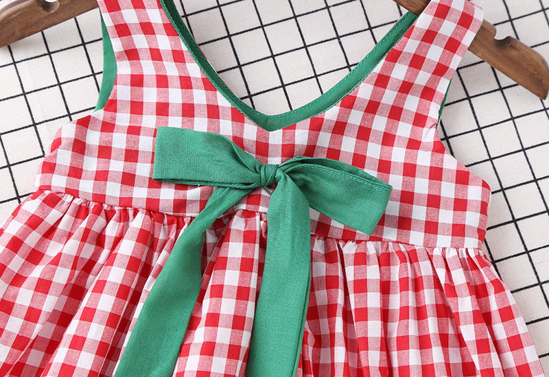 Baby Girl Plaid Pattern Bow Tie Decoration Sleeveless Dress