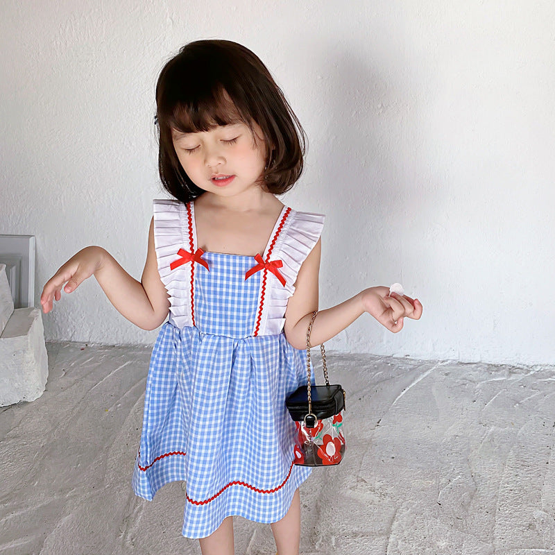 Summer Baby Kids Girls Sleeveless Blue Plaid Square Neck Strap Dress