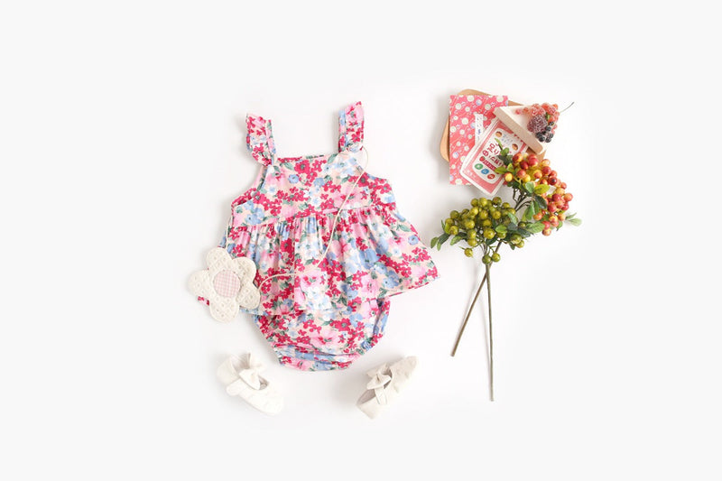 Baby Girl Floral Print Sleeveless Tops Combo Shorts Sets In Summer