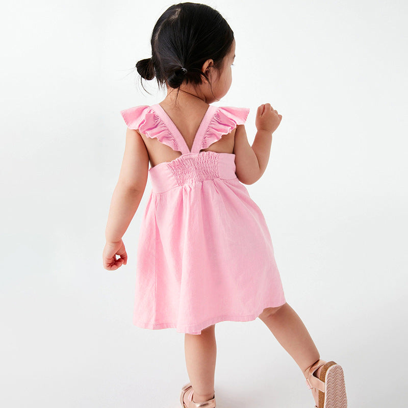 Baby Kids Girls Pink Square Neck Floral Embroidered Fly Sleeves Strap Dress