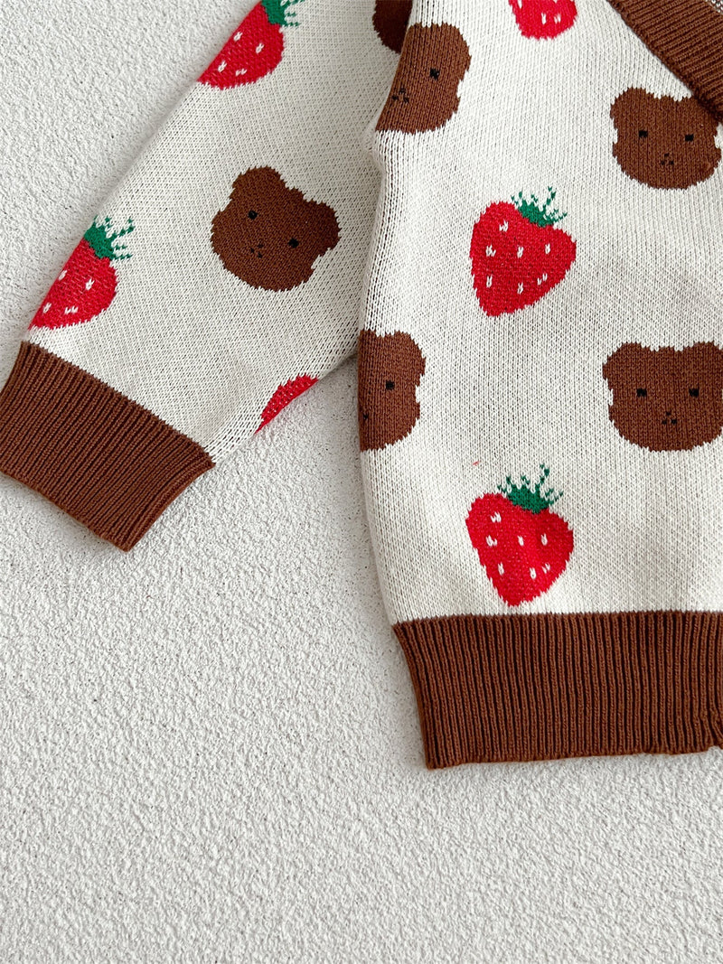 Baby Girls Cute Strawberry Combo Little Bear Head Long-Sleeved Cardigan