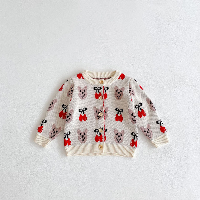 Baby Girl 1pcs Allover Cartoon Bear & Cherry Embroidered Graphic Bodysuit & Cardigan Knitted Sets