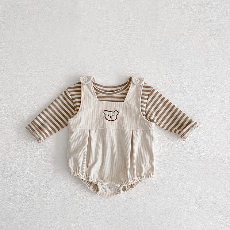 Baby Striped Shirt Combo Corduroy Fabric Cartoon Bear Embroidered Vest Bodysuit 2 Pieces Sets