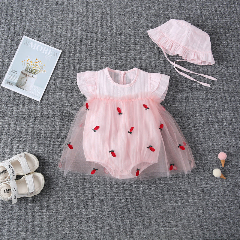 Baby Girl 1pcs Solid Color Pineapple Embroidered Mesh Overlay Flounce Sleeves Onesies Dress