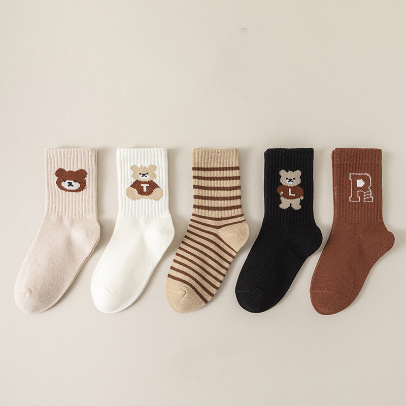 Kids Unisex Breathable Comfy Brown Bear Series Cartoon Pattern Socks Set