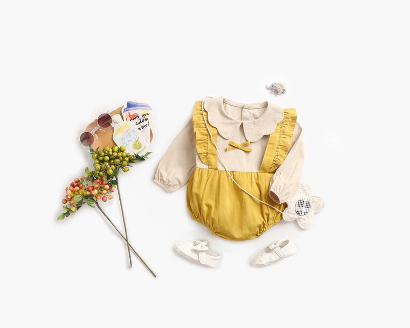 Baby Girl False 1 Pieces Design Petal Collar Design Bow Patched Bodysuit Onesies