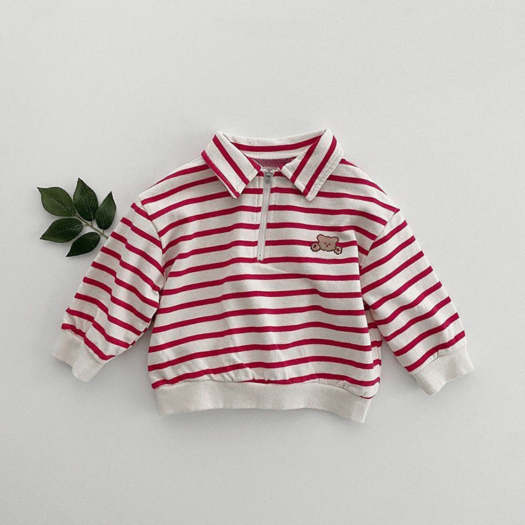 Baby Cute Bear Embroidered & Striped Pattern Polo Neck Cotton Hoodies