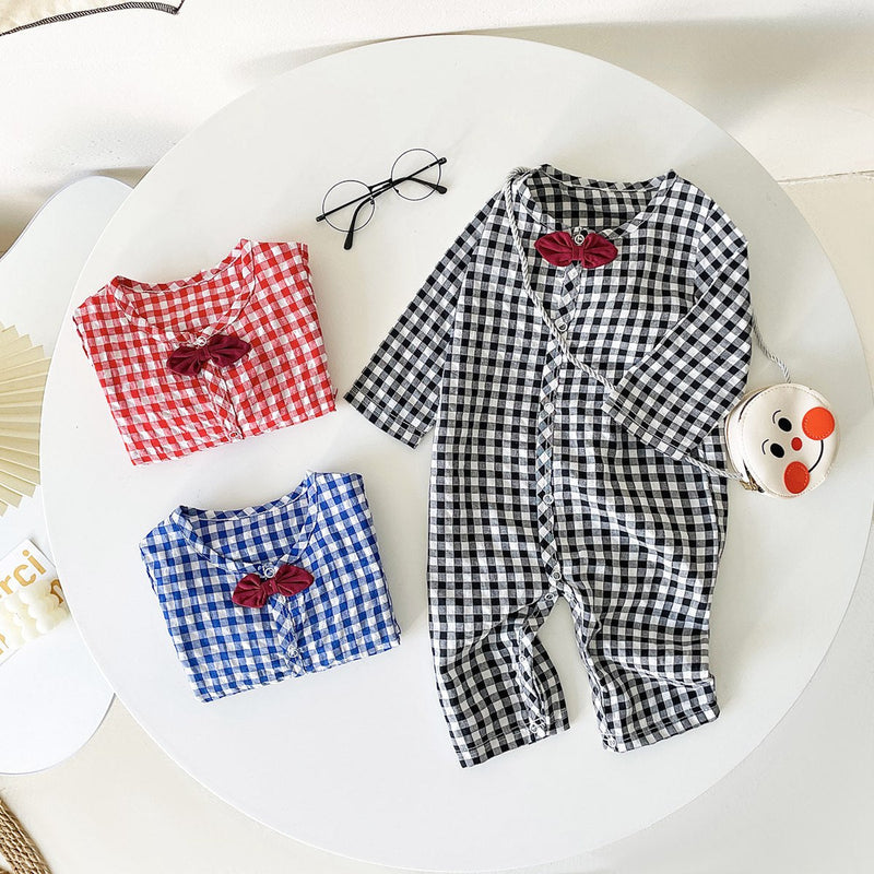 Baby Boy Plaid Pattern Bow Patched Design Cotton Jumpsuit