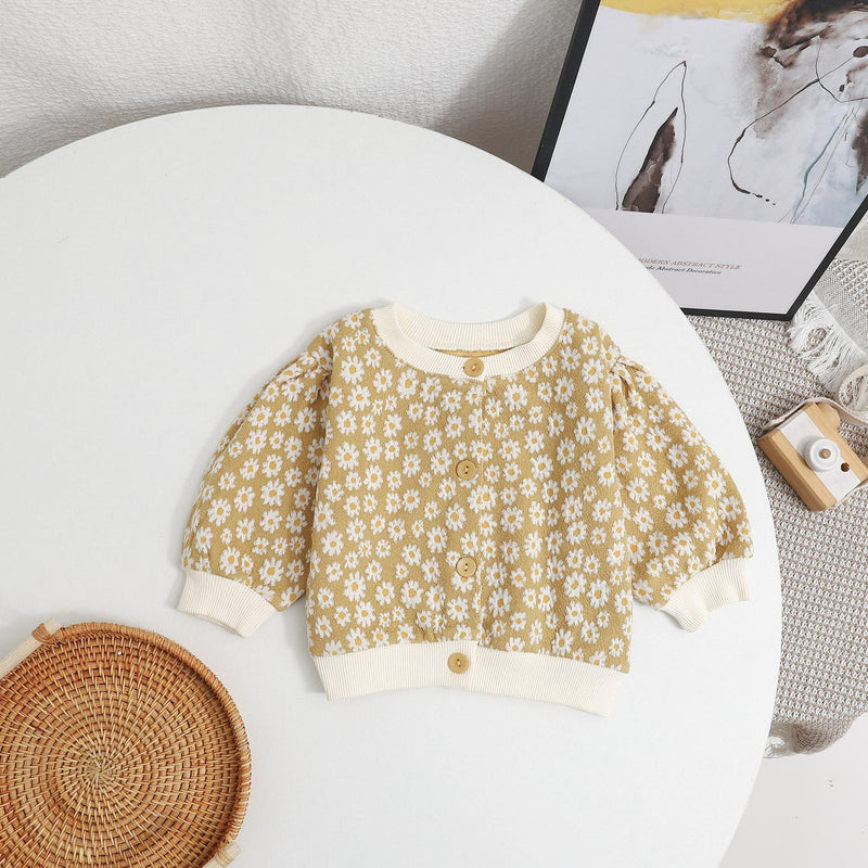 Baby Girl Daisy Pattern Single Breasted Design Puff Sleeve Sweet Cardigan