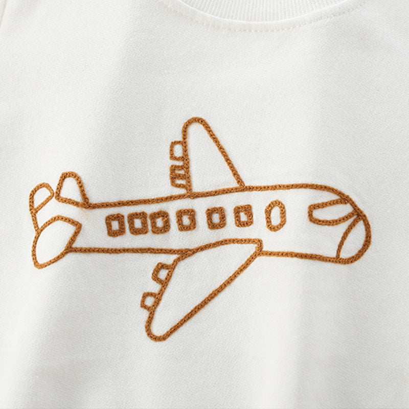 Baby Plane Embroidered Pattern Solid Color Long Sleeve Quality Hoodie