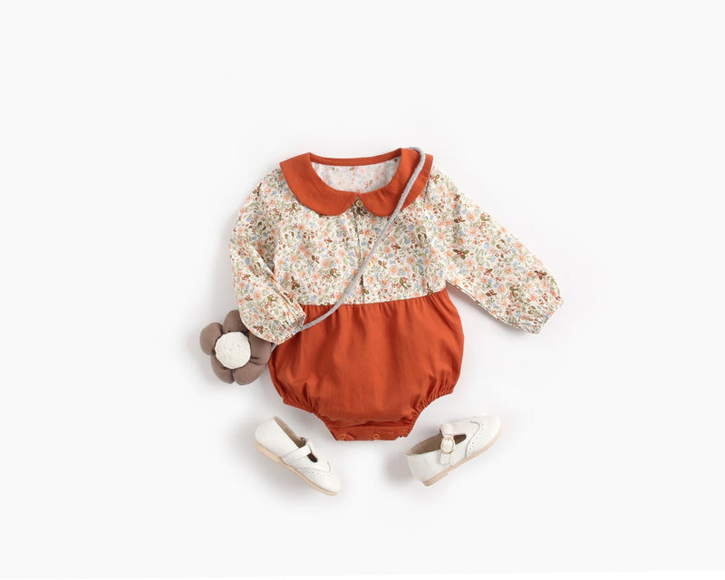 Baby Girl Floral Print Pattern Color Blocking Design Long Sleeve Round Neck Onesies