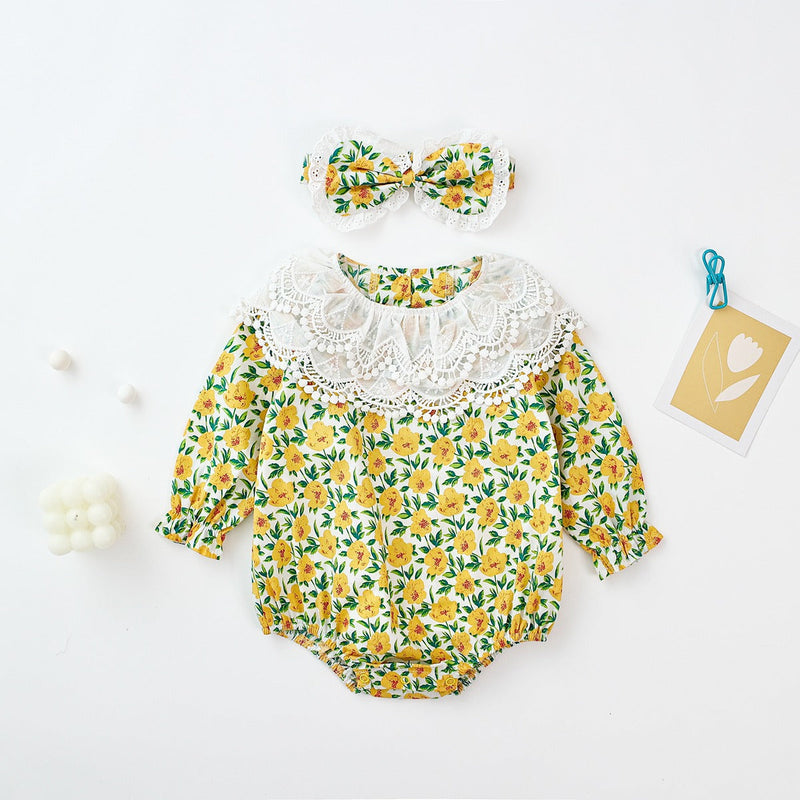 Baby Girl Flower Pattern Labeled Collar Design Long Sleeve Bodysuit