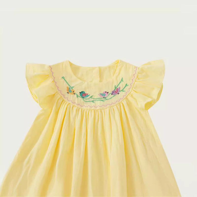 Summer Baby Kids Girls Sleeveless Birds Embroidery Yellow Dress