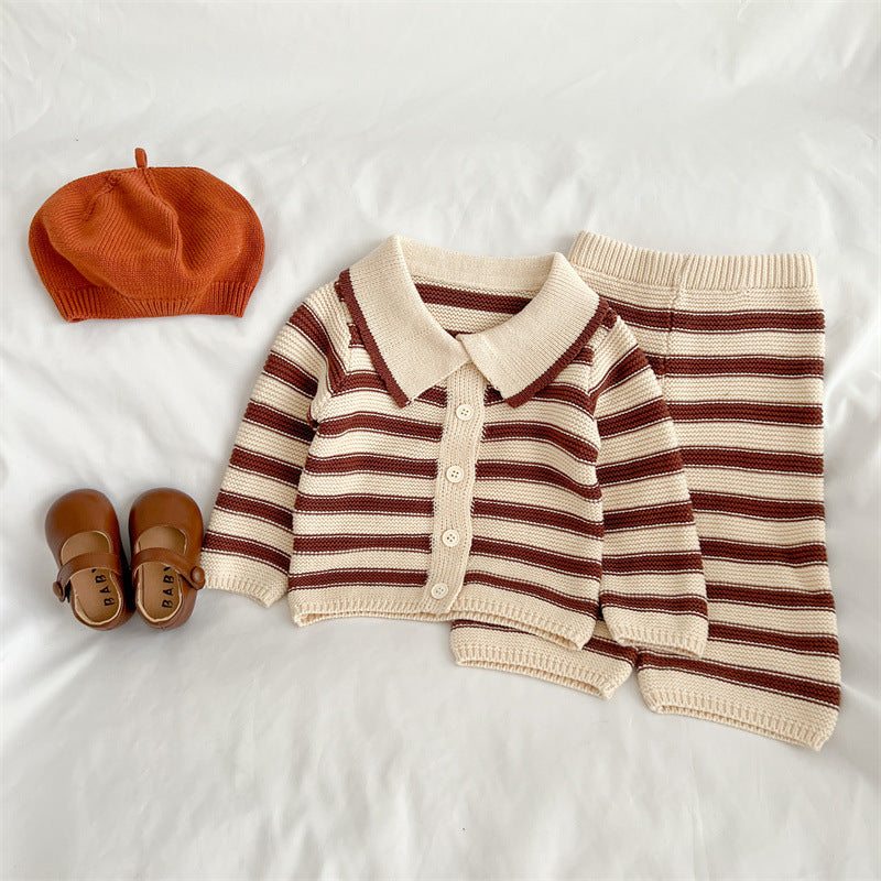 Baby Striped Pattern Lapel Knitted Cardigan With Pants Sets