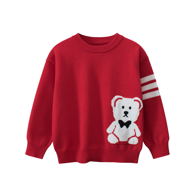 Baby Boys And Girls Kids Cute Teddy Bear Cartoon Long Striped Sleeve Knitwear Pullover