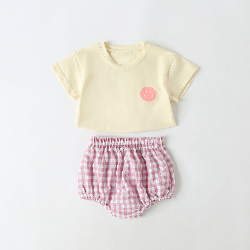 Baby Smiley Print Pattern Solid Tee Combo Plaid Pattern Triangle Shorts Sets