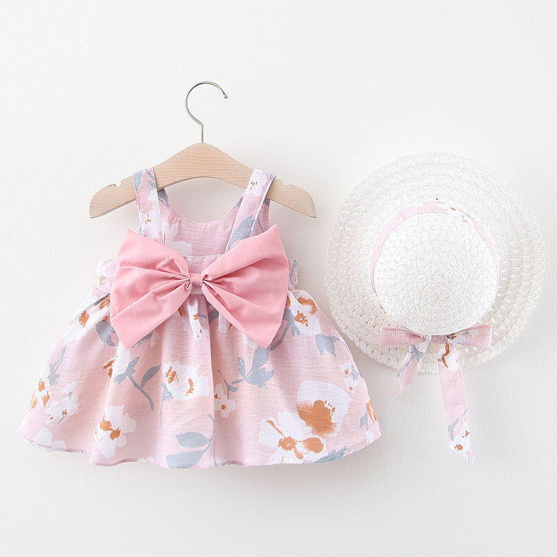 Baby Flower Pattern Bow Patched Design Sling Dress In Summer With Hat