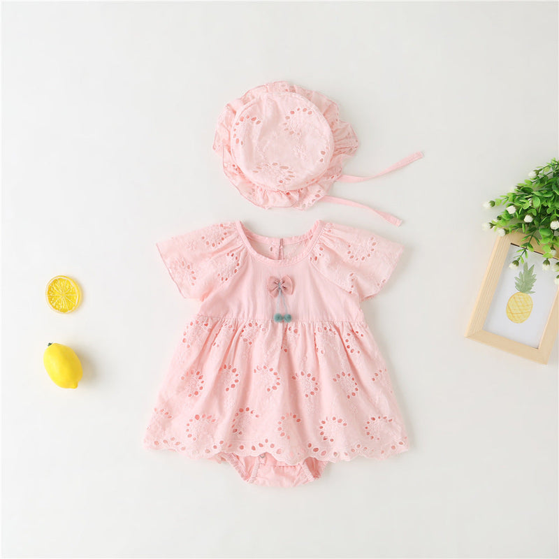 Baby Girl 1pcs Solid Color Hollow Carved Design Bow Onesies Dress