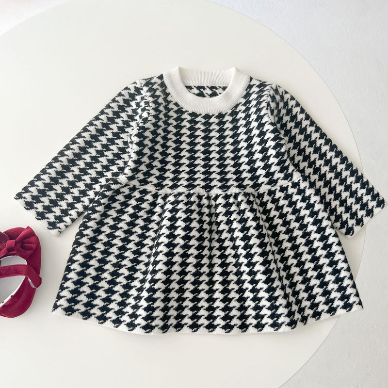 Baby Girl Hounds tooth Pattern Loose Long Sleeve Thickened Dress