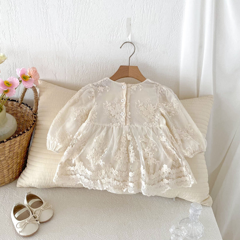 Autumn New Arrival Baby Girls Long Sleeves Floral Embroidery Tulle Onesies Dress with Ruffle Design