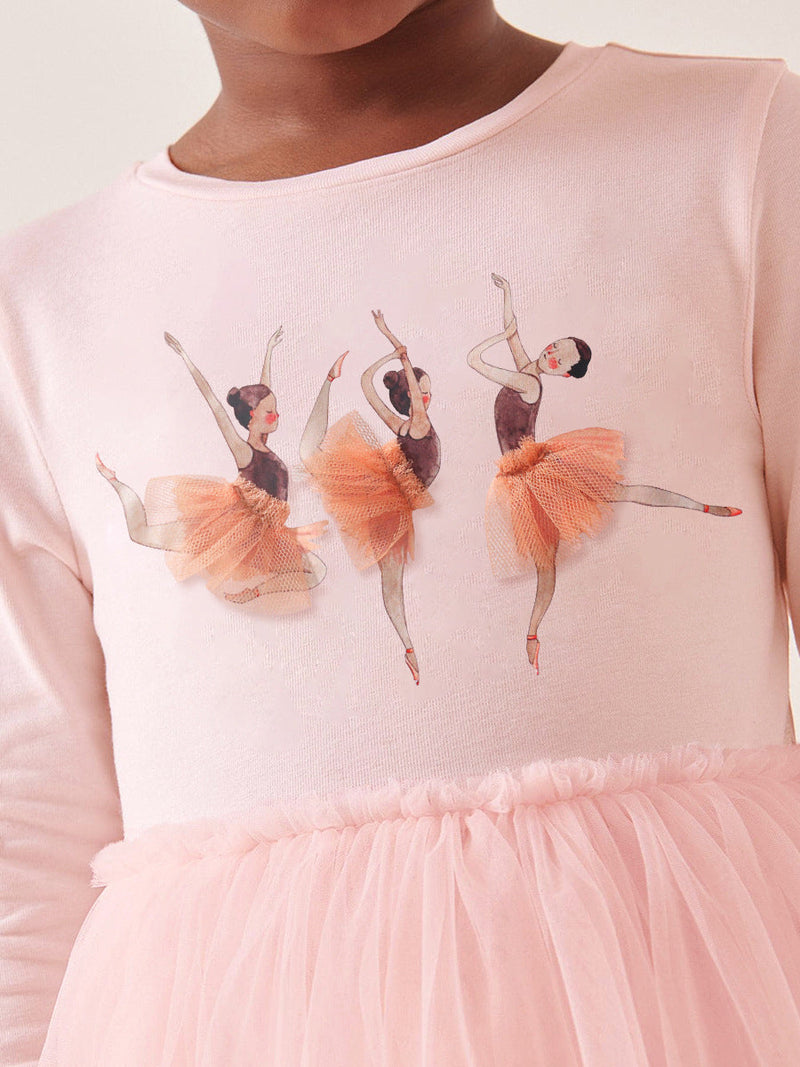 Design Autumn Girls Dancers Cartoon Pattern Crew Neck Long Sleeves Tulle Patchwork Dress