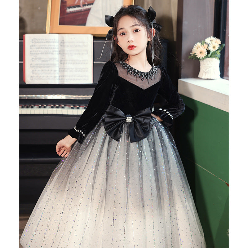 Princess Black Bow Birthday Dress For Girls: Luxurious Long-Sleeved Piano Performance Attire , Perfect For Spring Celebrations