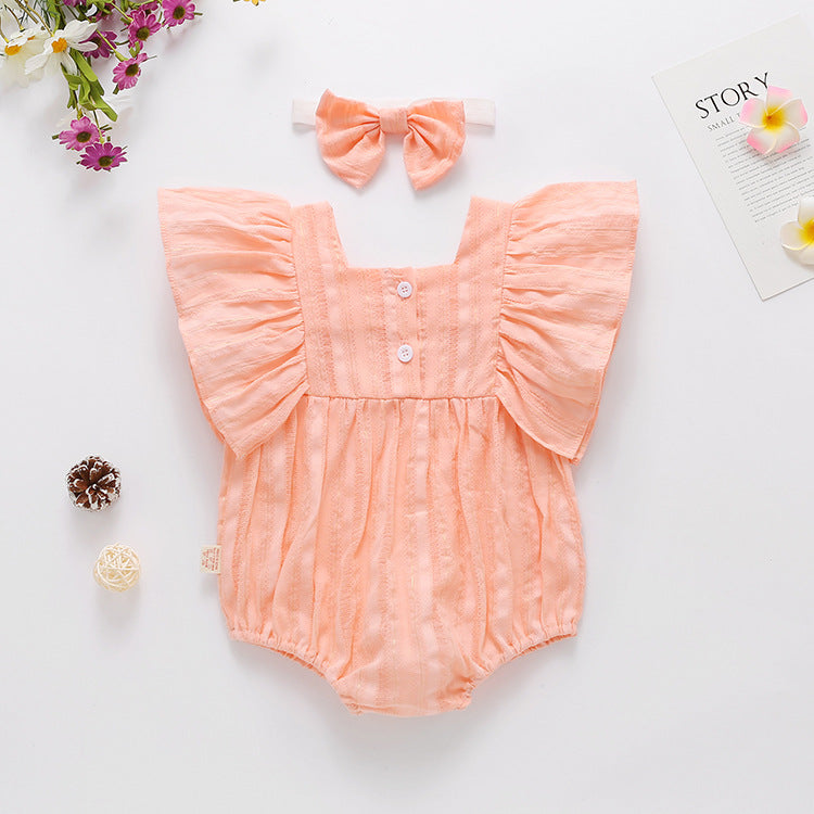 Baby Girl Solid Color Square Collar Design Short-Sleeved Onesies With Headband In Summer Outside Wearing