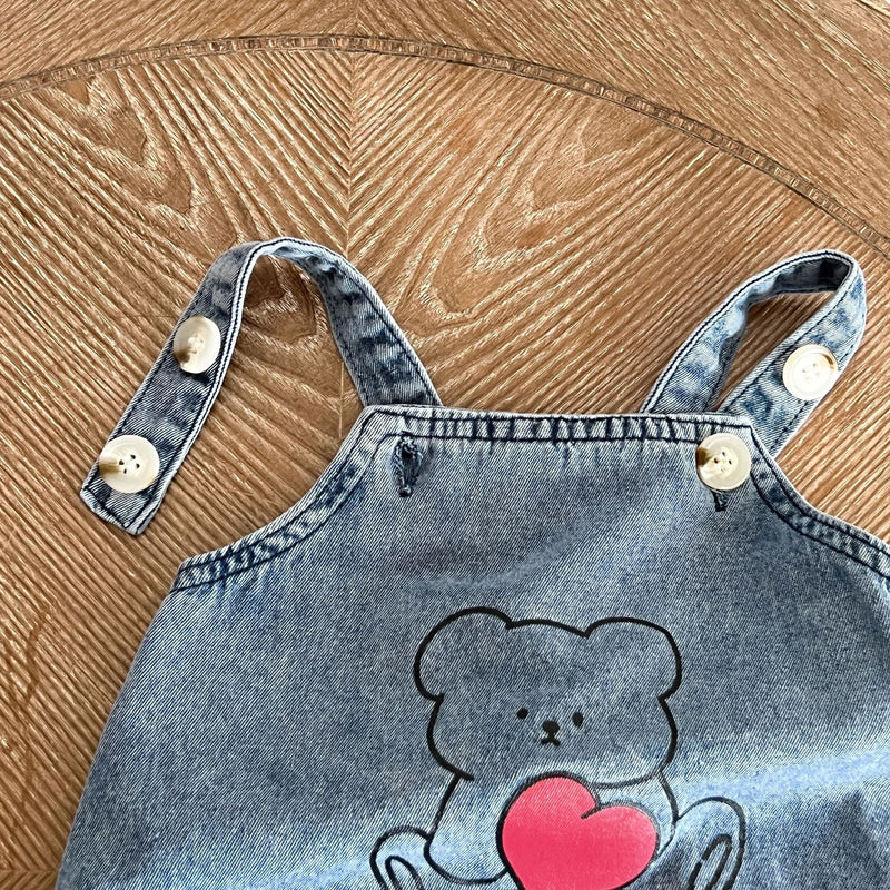 Baby Cartoon Bear Pattern Fashion Denim Strap Oniesies