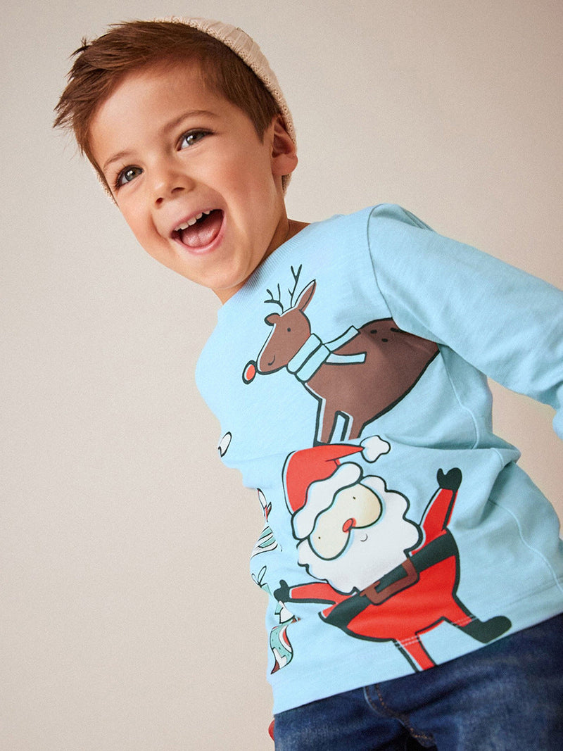 Arrival Autumn Kids’ Christmas Cartoon Santa Claus Pattern Long Sleeves T-Shirt In European And American Style For Summer