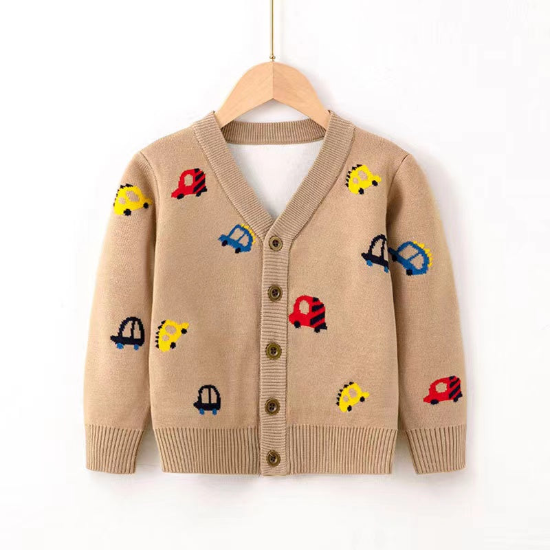 Kid Boys Car Pattern V-Collar Cardigan